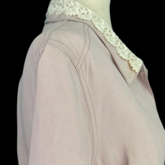 KRIZIA Designer Tailored Sheath Shirt Dress Pink Lace Collar Short Sleeve Sz 14 - Picture 9 of 16